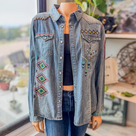 Double D Ranch, Embroidered Denim Shirt Jacket Snap Buttons, Studs, Beads-Large - Picture 2 of 14